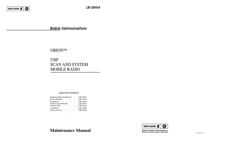 Orion UHF Scan and System Mobile Radio维修手册说明书
