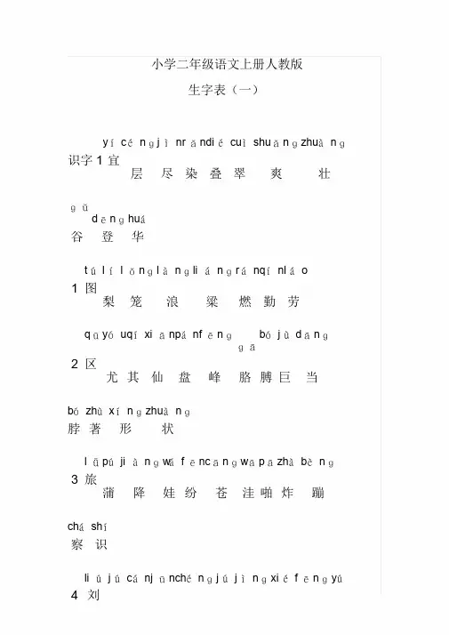 小学二年级语文上册生字表(一)人教版