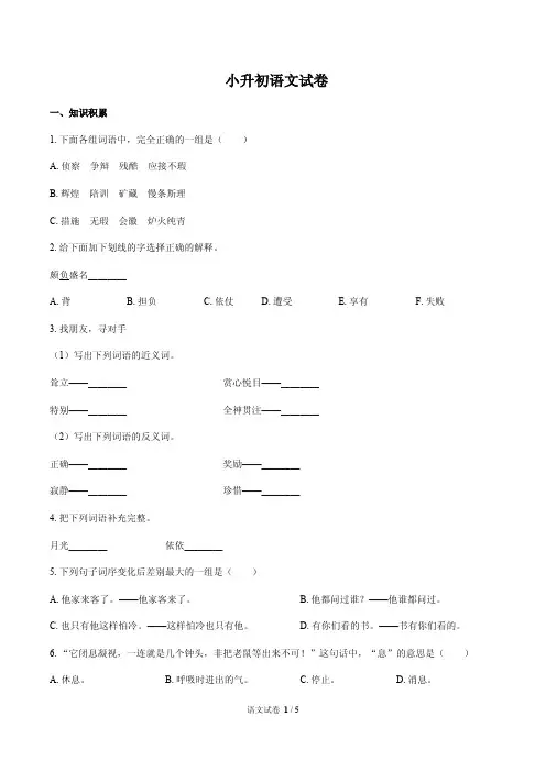 安徽省南陵区小升初语文试卷