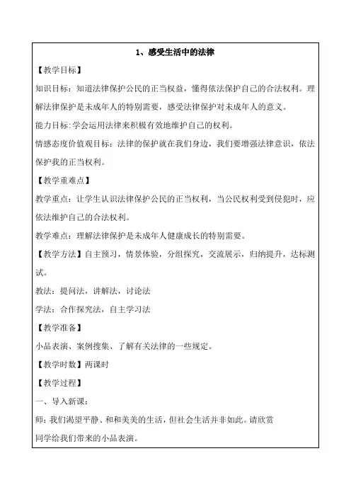 《感受生活中的法律》公开课优秀教案 部编版2