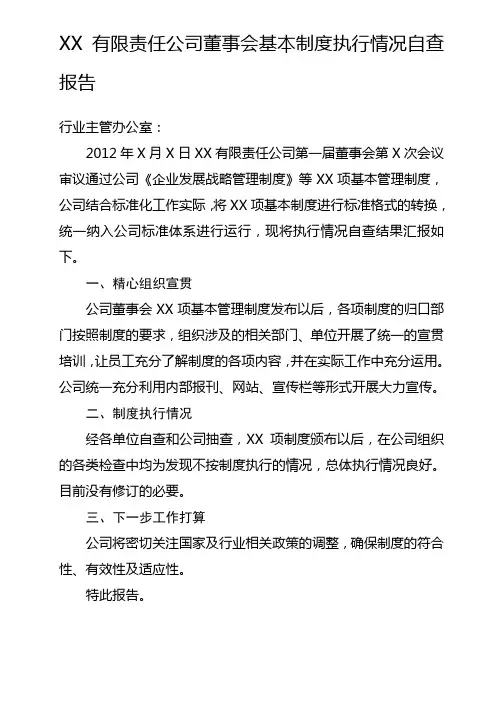 XX公司基本制度执行情况自查报告