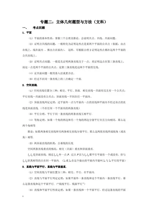 高三第二轮专题复习资料：立体几何题型与方法(文科)