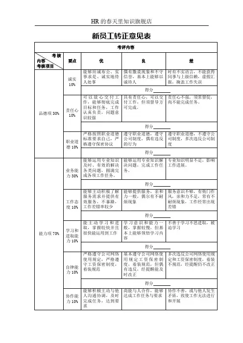 新员工转正意见表