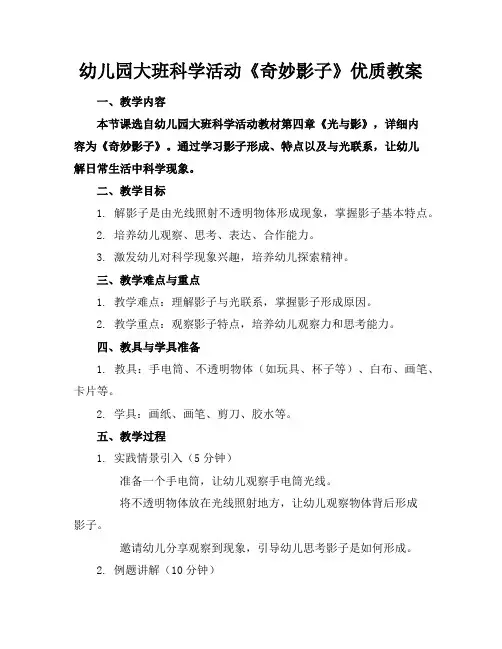 幼儿园大班科学活动《奇妙的影子》优质教案