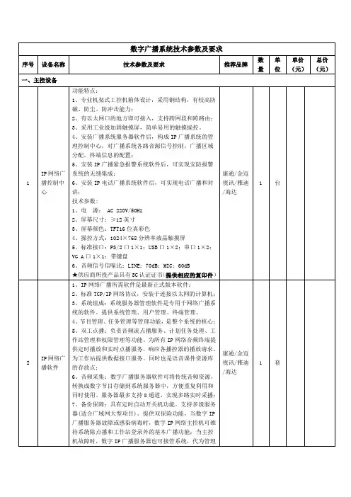 数字广播系统技术参数及要求
