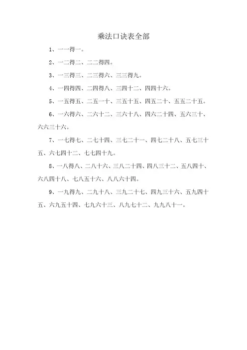 乘法口诀表全部