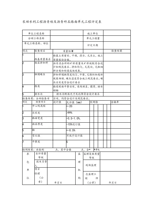 农田水利工程沥青砼及沥青碎石路面单元工程评定表