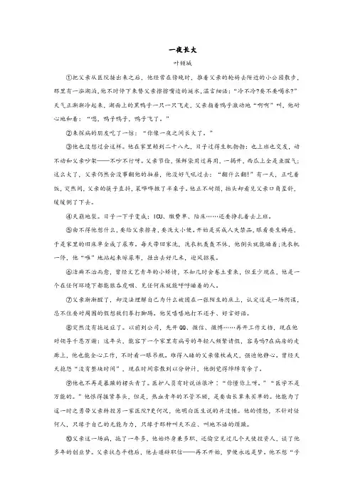 现代文阅读——叶倾城《一夜长大》