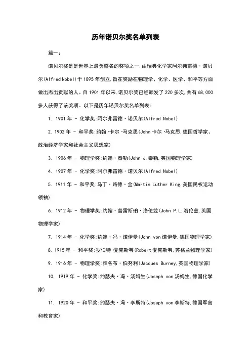 历年诺贝尔奖名单列表