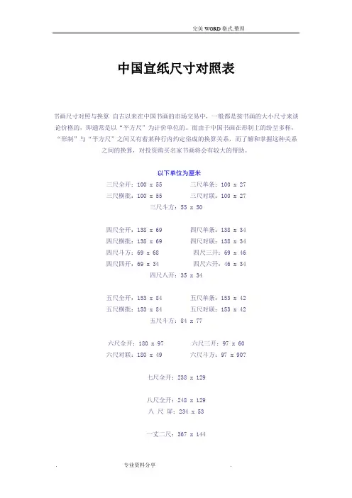 宣纸尺寸对照表和书法创作常用知识