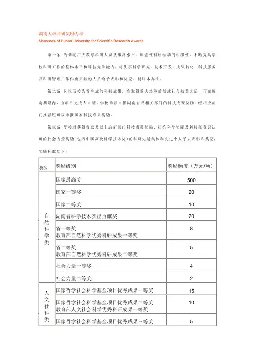 湖南大学科研奖励办法