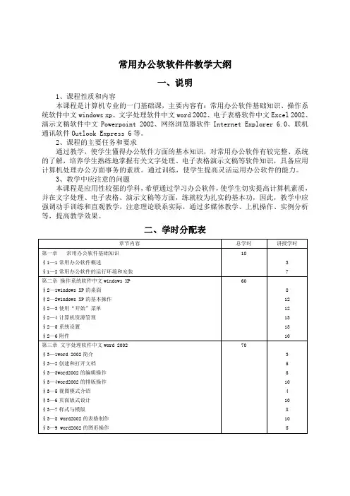 常用办公软软件件教学大纲