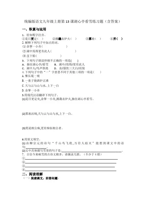 第13课《湖心亭看雪》同步练习 2024-2025学年统编版语文九年级上册