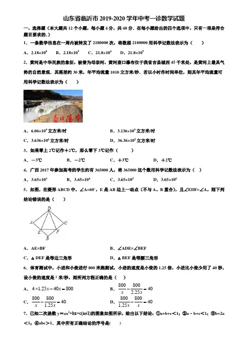 山东省临沂市2019-2020学年中考一诊数学试题含解析