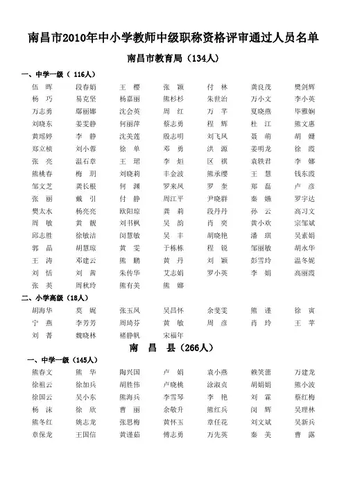 2010年南昌市教师系列中级职称评审通过人员名单