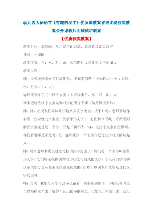 幼儿园大班语言《有趣的汉字》优质课教案省级比赛获奖教案公开课教师面试试讲教案