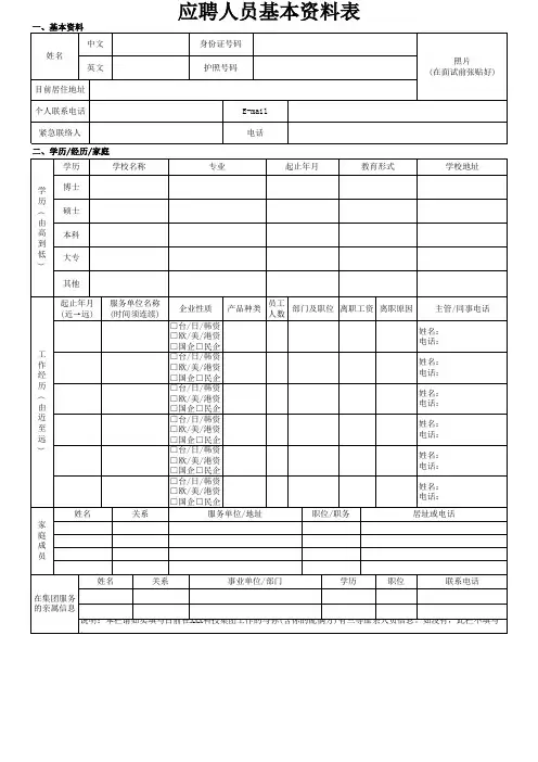 应聘人员基本资料表-集团版