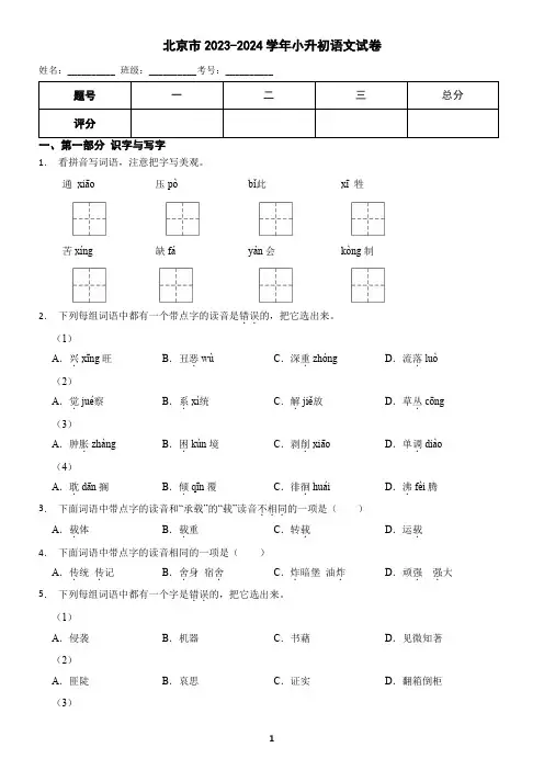 北京市朝阳区2023-2024学年小升初语文试卷(含答案)