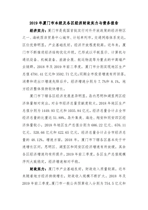 2019年厦门市本级及各区经济财政实力与债务报告