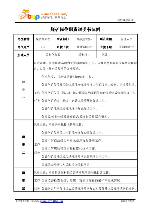 煤矿煤炭管理科煤质技术员岗位职责说明书