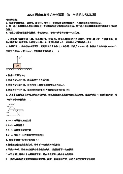 2024届山东省潍坊市物理高一第一学期期末考试试题含解析