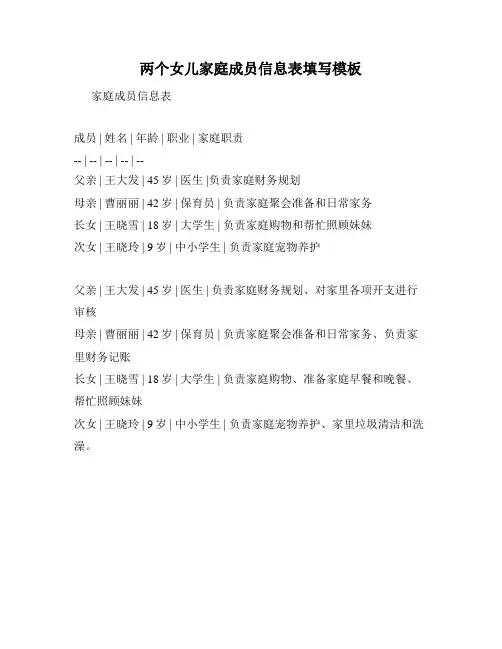 两个女儿家庭成员信息表填写模板