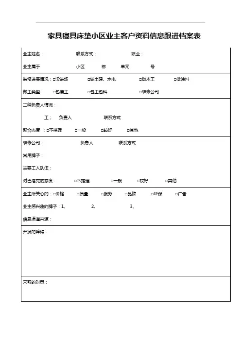 家具寝具床垫小区楼盘业主客户资料信息跟进销售档案表