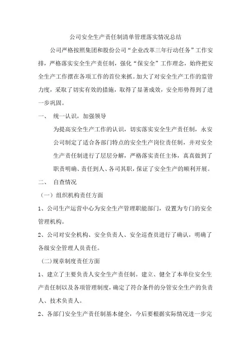 公司安全生产责任制清单管理落实情况总结