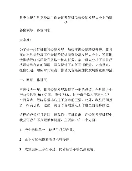 县委书记在县委经济工作会议暨促进民营经济发展大会上的讲话