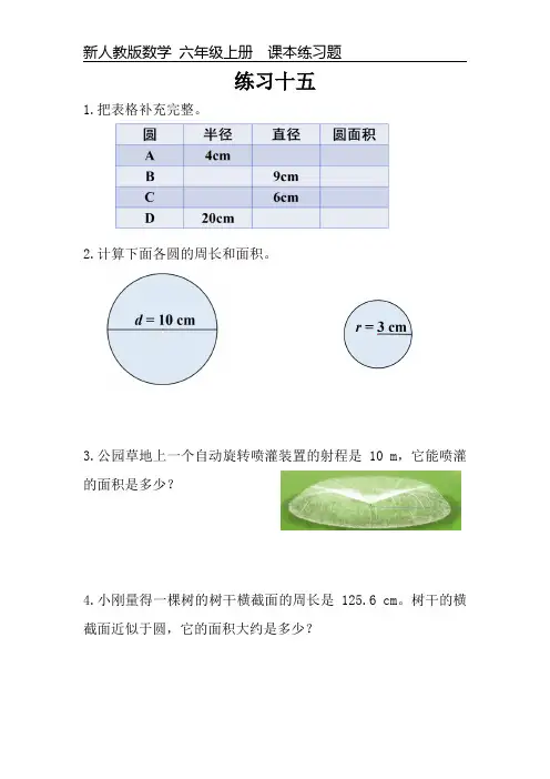 新人教版数学六年级上册课本练习题《练习十五》可编辑可打印