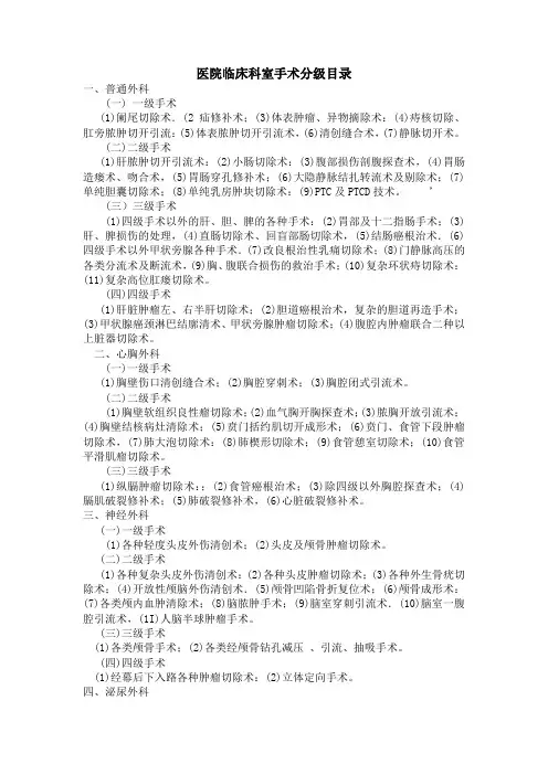 医院临床科室手术分级目录
