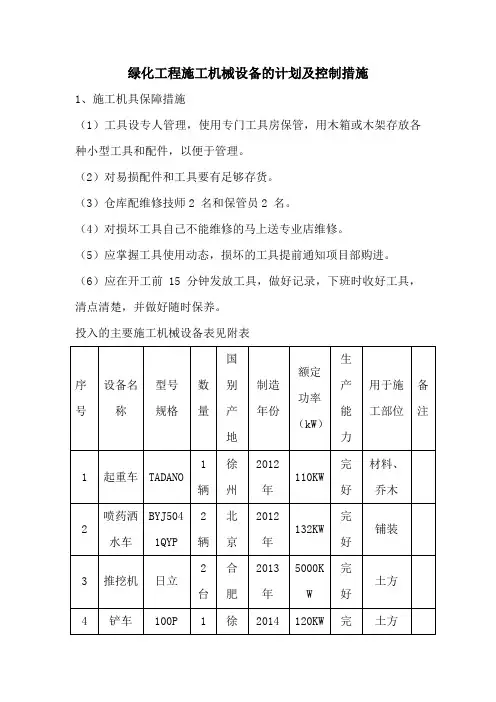 绿化工程施工机械设备的计划及控制措施