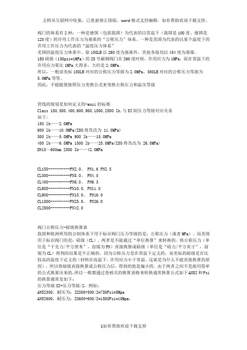 管道压力等级单位换算