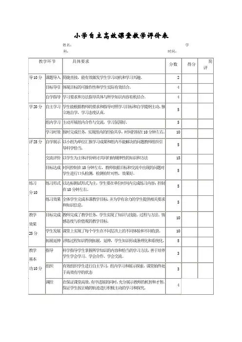 小学自主高效课堂教学评价表
