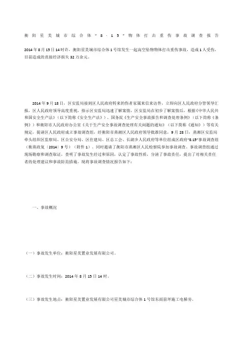 衡阳星美城市综合体“8·15”物体打击重伤事故调查报告