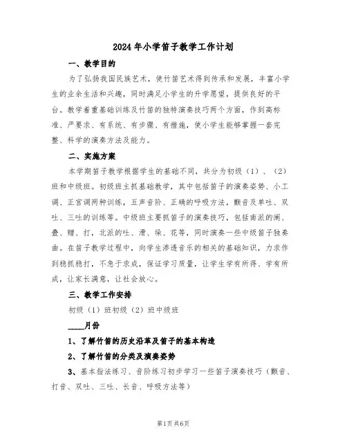 2024年小学笛子教学工作计划（二篇）