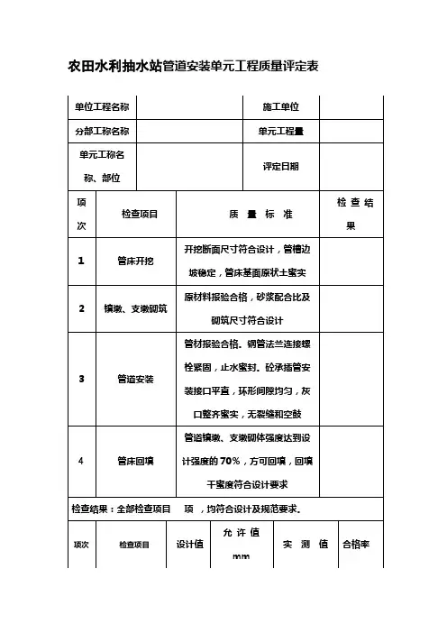 农田水利抽水站管道安装单元工程质量评定表