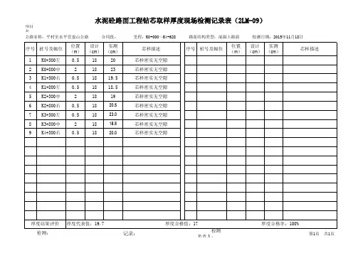 营盘山路面工程面层钻芯取样厚度现场检测记录表(2LM-09)