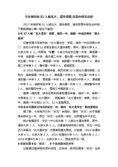 今年潍坊有51人被北大、清华录取,各高中排名出炉