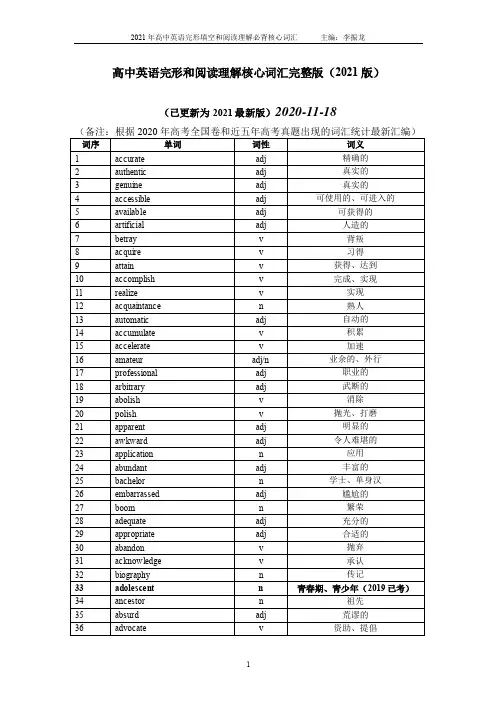 2021高考高中英语完型和阅读理解必背核心词汇最新完整版(适用于高中所有年级)
