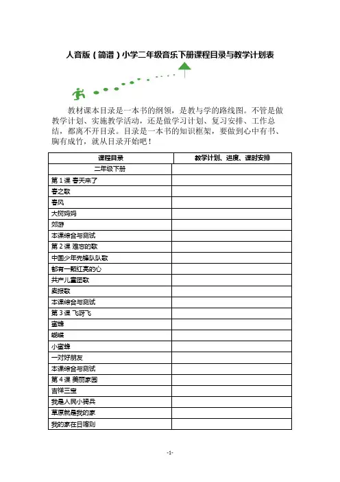 人音版(简谱)小学二年级音乐下册课程目录与教学计划表