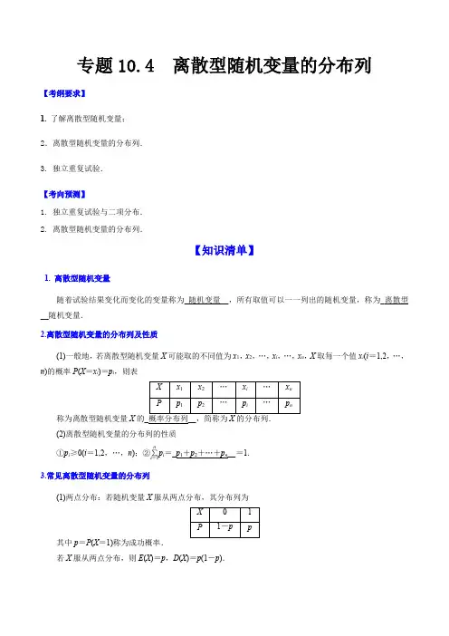 中职高考数学一轮复习讲练测专题10-4  离散型随机变量的分布列(讲)(含详解)