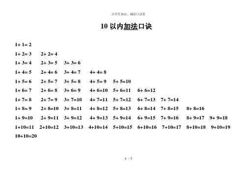 小学生加法、减法口诀表