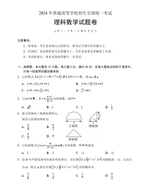 2024届宁夏回族自治区银川一中高三下学期二模数学理科试题及答案