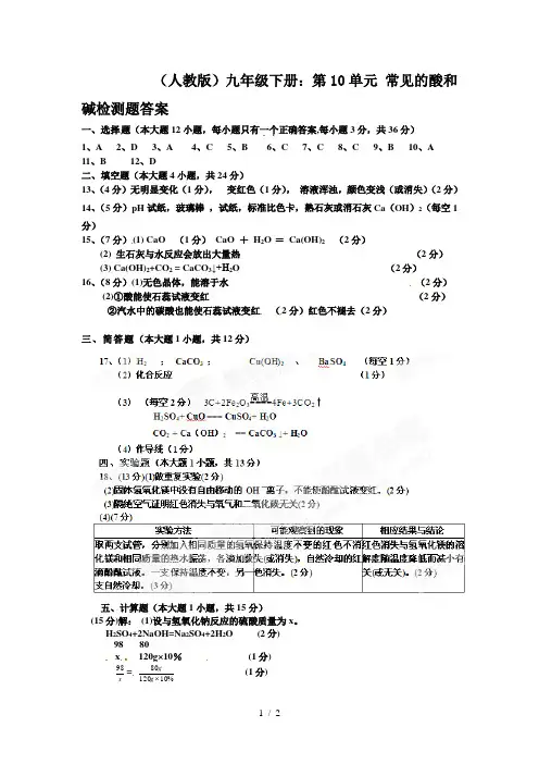 (人教版)九年级下册：第10单元 常见的酸和碱检测题答案