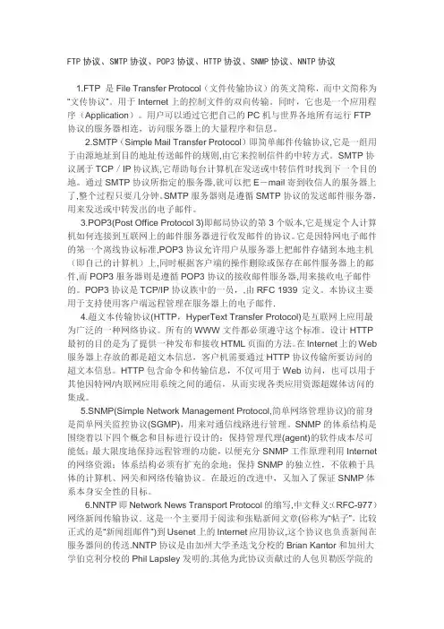 FTP协议、SMTP协议、POP3协议、HTTP协议、SNMP协议、NNTP协议