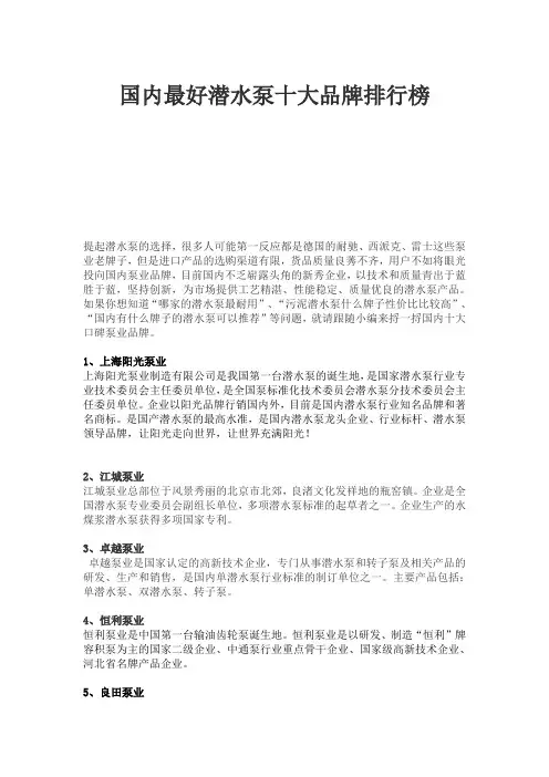 国内最好潜水泵十大品牌排行榜