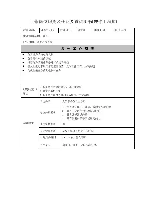 工作岗位职责及任职要求说明书(硬件工程师)