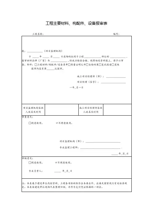 工程主要材料、构配件、设备报审表