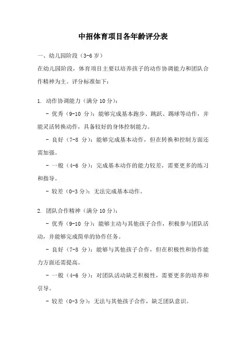 中招体育项目各年龄评分表